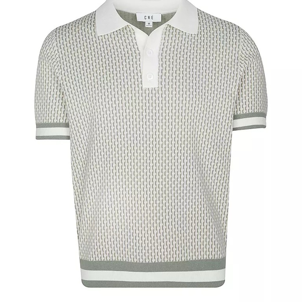 Ché Studios Cosmo Geo Quinn Textured Knit Polo in Sage Green & White